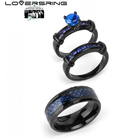 Couple Ring Bridal Set His Hers Black Gold Plated Blue CZ Stainless Steel Wedding Ring Band $17.67 Bridal Sets