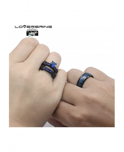 Couple Ring Bridal Set His Hers Black Gold Plated Blue CZ Stainless Steel Wedding Ring Band $17.67 Bridal Sets