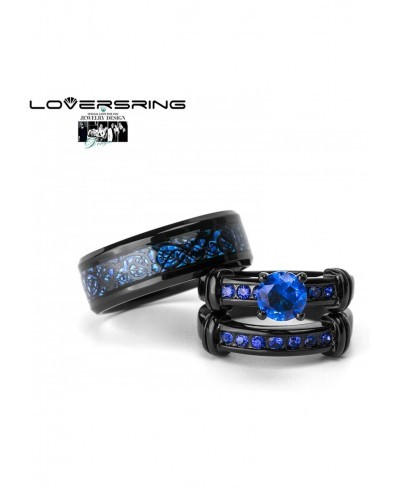 Couple Ring Bridal Set His Hers Black Gold Plated Blue CZ Stainless Steel Wedding Ring Band $17.67 Bridal Sets