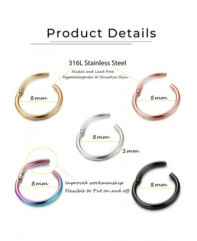 12 Pcs Septum Rings 316L Stainless Steel Cartilage Hoop Earrings Hinged Segment Clicker Septum Nose Rings Hoop Helix Daith Tr...