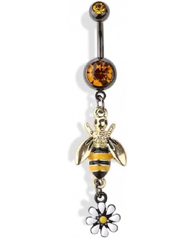 14GA Double Jeweled Bumblebee with Flower Dangle 316L Surgical Stainless Steel Navel Belly Button Ring $12.54 Piercing Jewelry