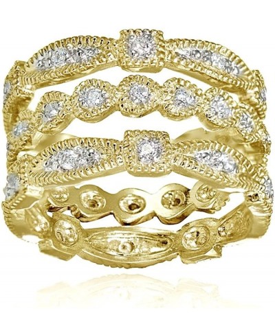 Yellow Gold Flashed Sterling Silver CZ Textured Stackable Trio Ring Set Size 7 $27.50 Stacking