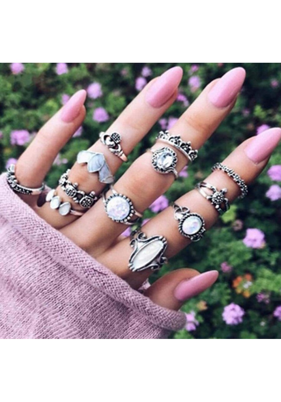 Vintage Knuckle Ring Boho Ring Set Sun Moon Elephant Fatima Carving Flower Turquoise Arrow Rhinestone Crown Joint Knuckle Nai...