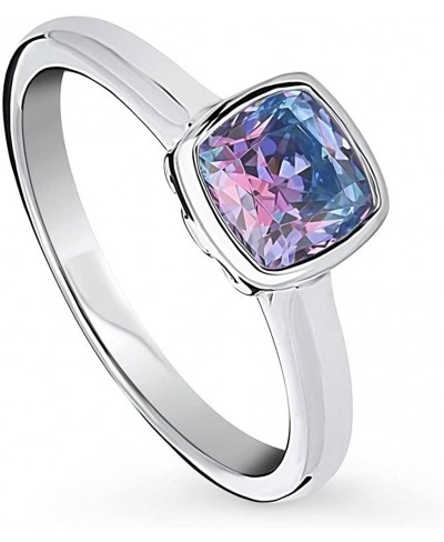 Sterling Silver Solitaire Purple Aqua Bezel Set Cushion Cut Cubic Zirconia CZ Kaleidoscope Fashion Ring for Women Rhodium Pla...