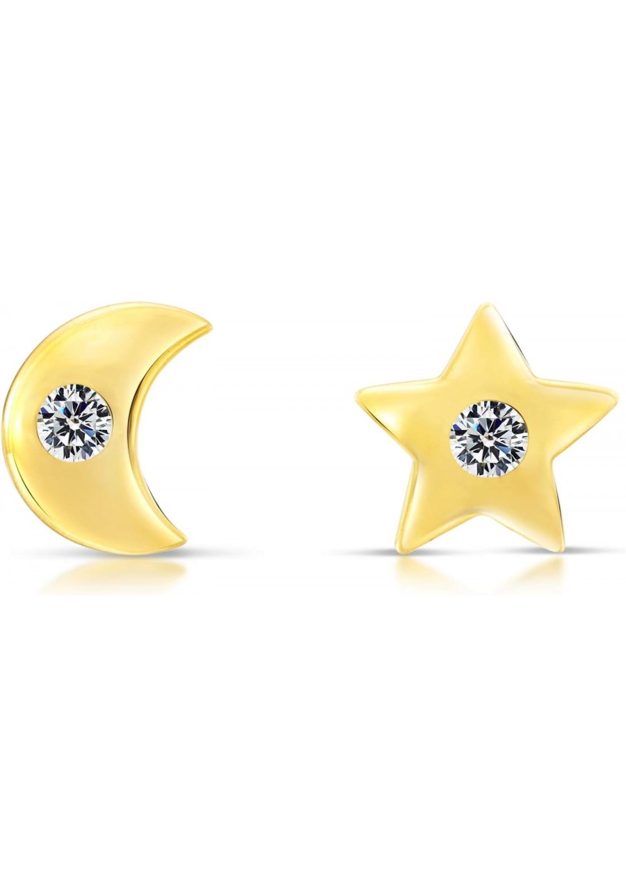 10k Yellow Gold Tiny Star and Moon with Tiny CZ Stud Earrings with Screw-backs $40.83 Stud