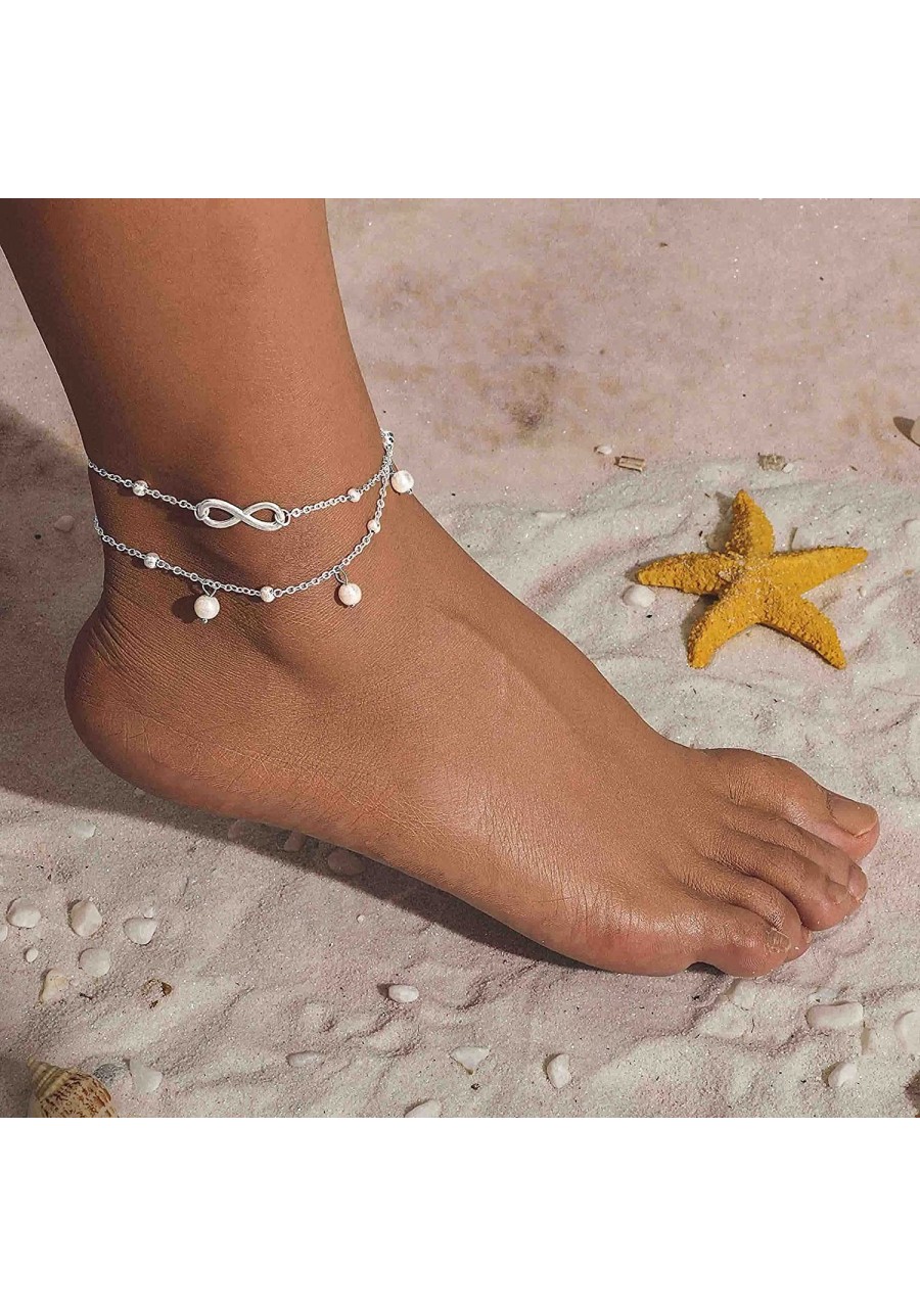 Boho Pearl Anklets Bracelet Eternal Layers Sliver Bracelets Benaded Foot Chain Summer Beach Foot Jewelry Anklets for Women an...