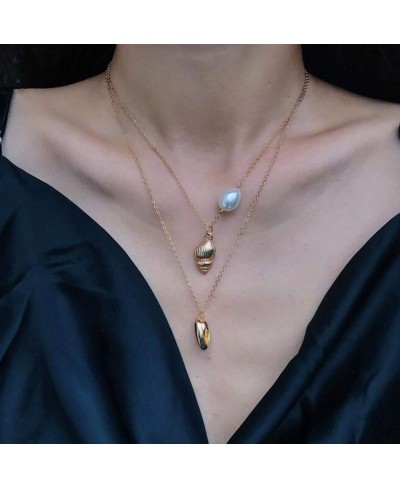 Boho Layered Choker Necklace Gold Seashell Pendant Necklaces Chain Pearl and Sea Snail Jewelry for Women and Girls $6.50 Chokers