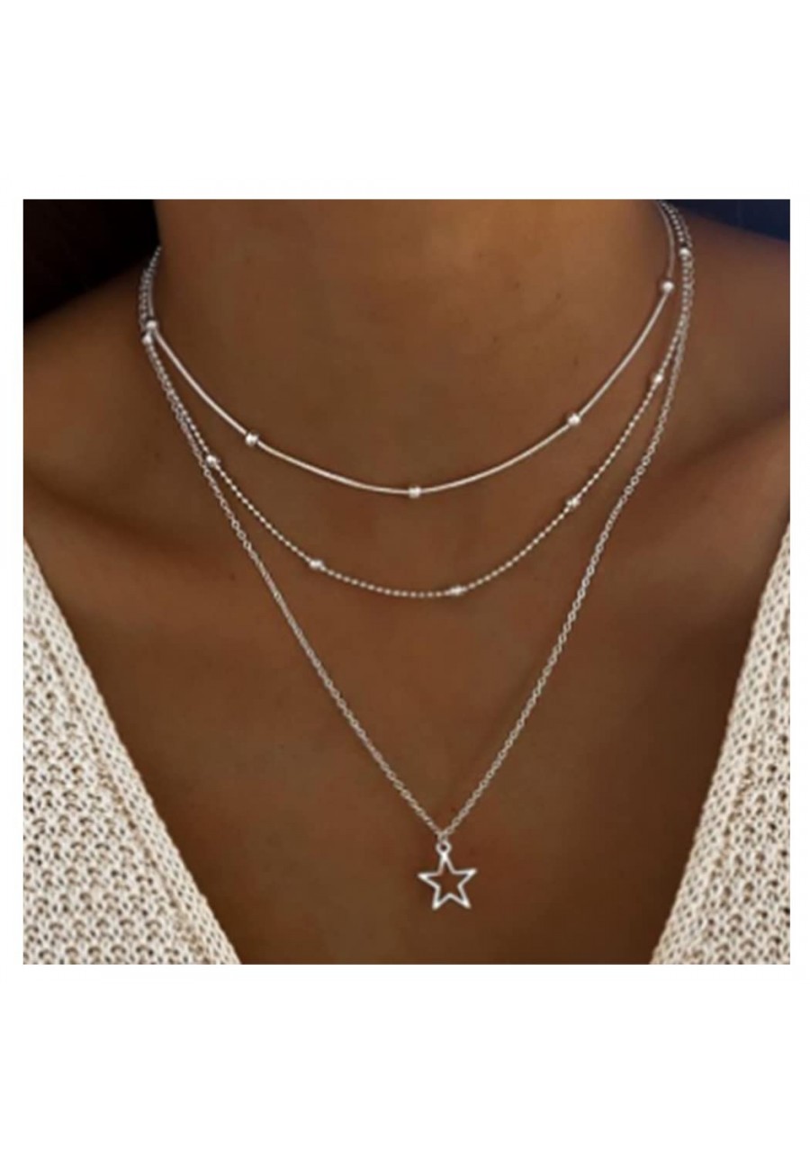 Boho Layered Necklace Star Choker Necklaces Silver Necklace Chain Jewelry for Women and Girls $10.57 Chokers