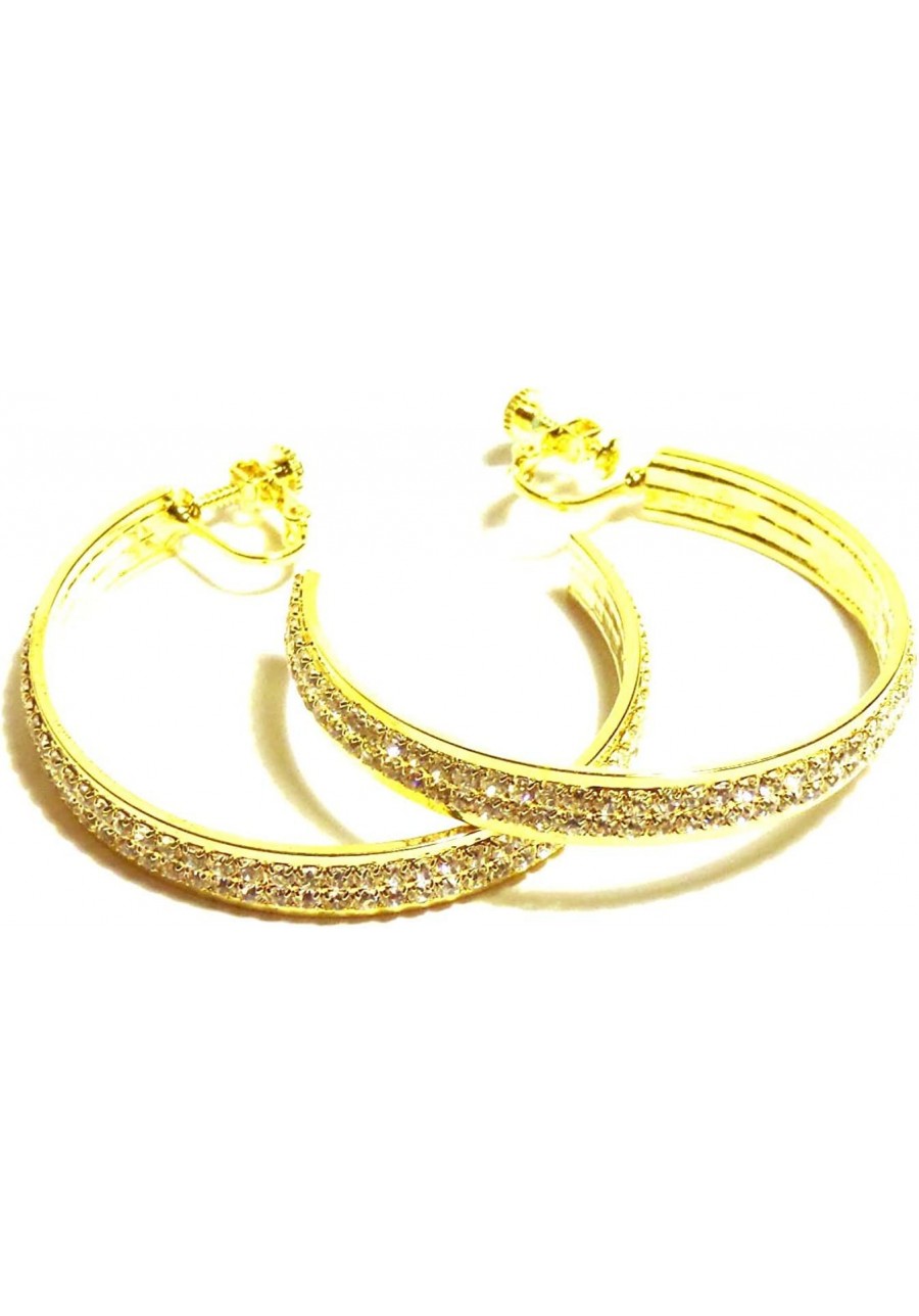 Clip-on Earrings Gold Tone Double Rhinestone Hoop Earrings 2 Inch Hoops Non Pierced Ears $13.60 Clip-Ons