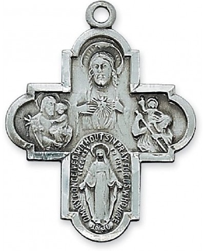 Religious & Catholic Necklace Men or Womens Antique Design Deluxe Satin Silver Finished Pewter Pendant 4-way Medal with 24" C...