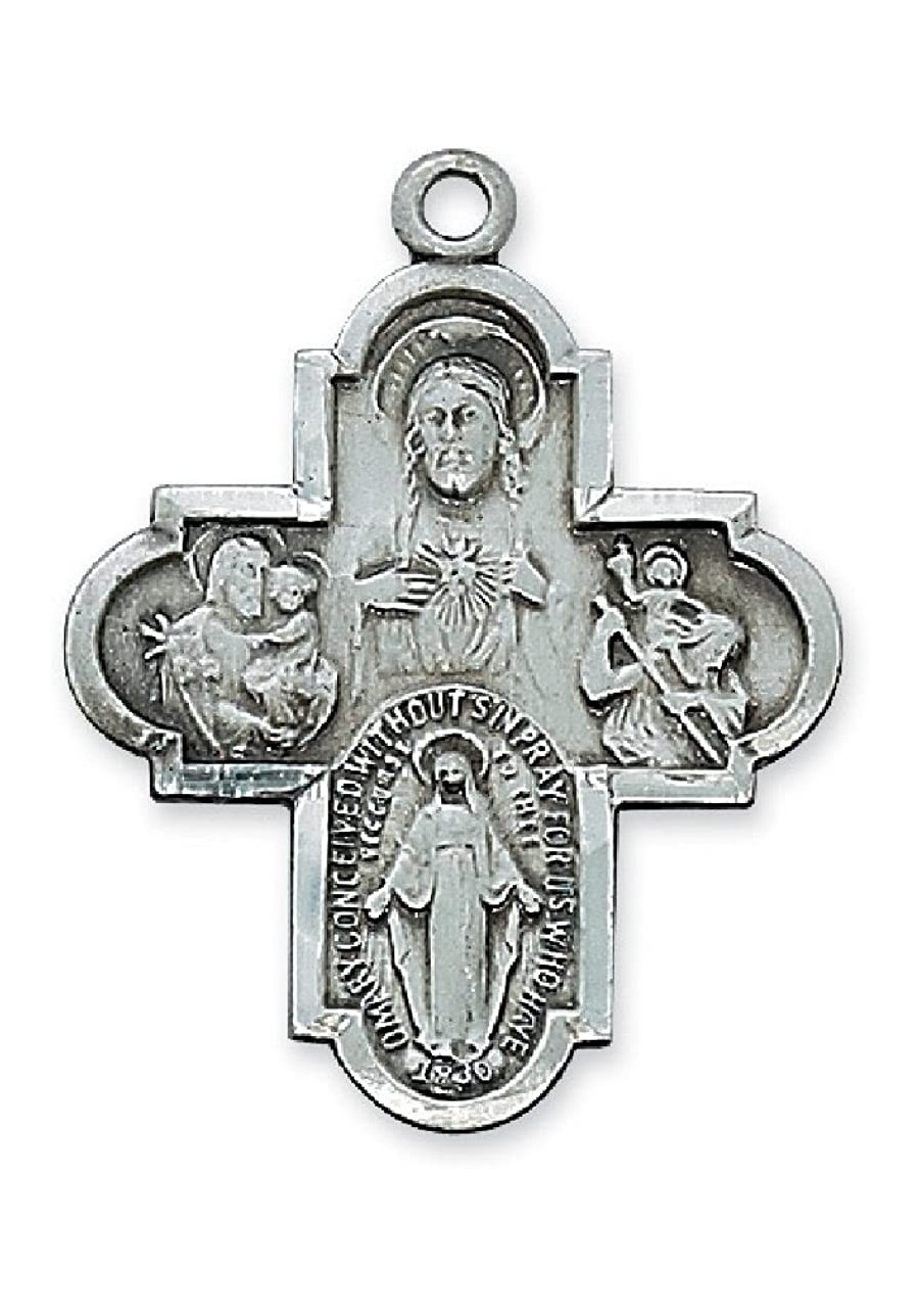 Religious & Catholic Necklace Men or Womens Antique Design Deluxe Satin Silver Finished Pewter Pendant 4-way Medal with 24" C...