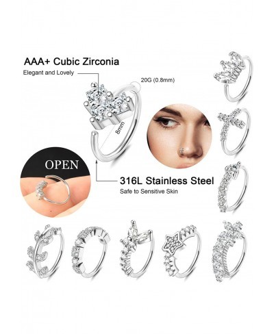 9Pcs 20G Nose Rings Hoop for Women Men Stainless Steel Paved CZ Leaf Heart Cross Cartilage Helix Earrings Hoop Body Piercing ...