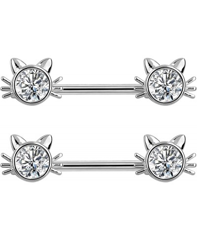 Nipple Rings 14G Cute Cat Nipple Piercing Jewelry Surgical Steel 316L Nipple Ring Clear CZ Nipple Barbell Jewelry for Women N...