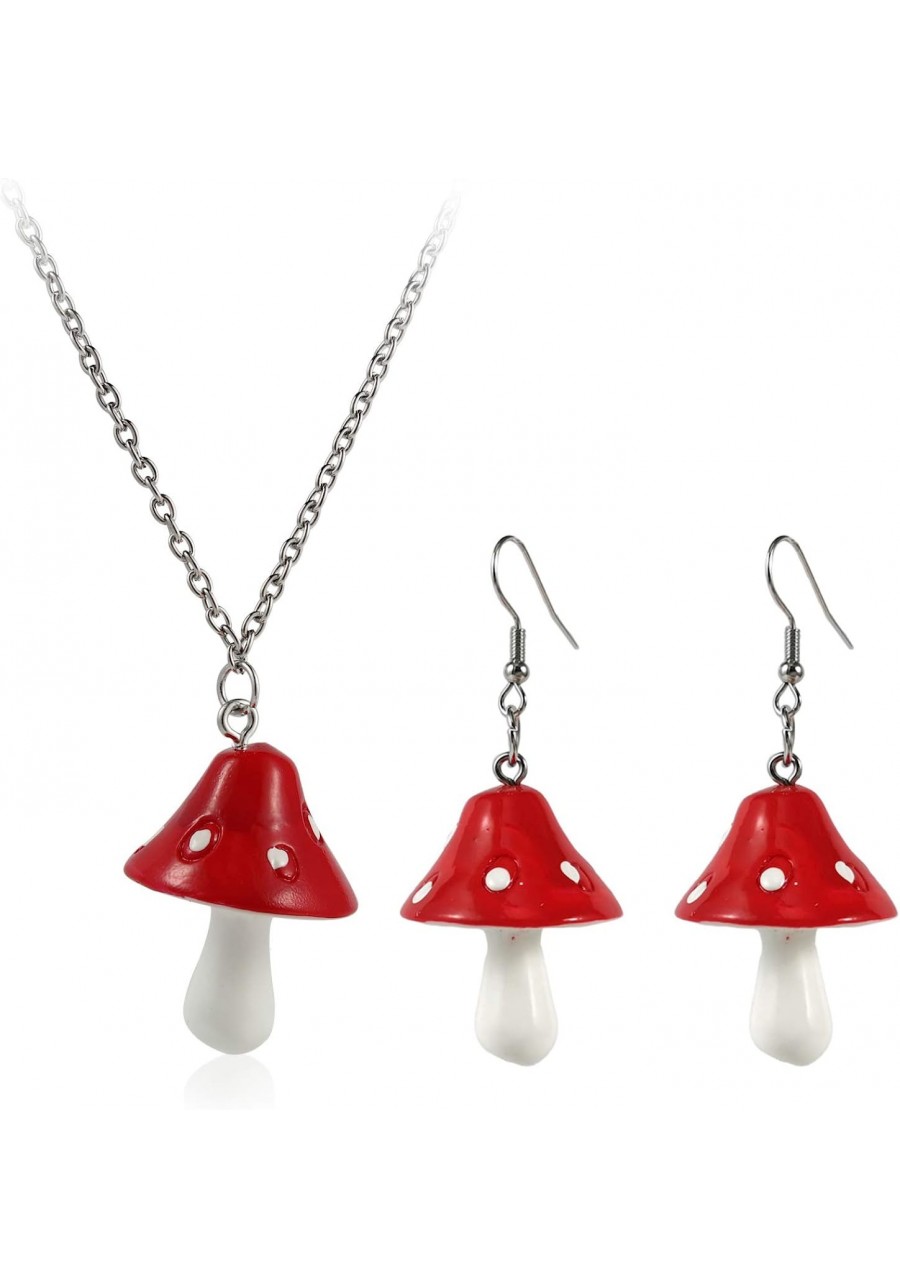 Cute Resin Mushroom Earrings Pendant Necklaces Set Funny Sweet Mushroom Shape Drop Dangle Earrings Acrylic Simulation Mushroo...