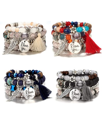 4 Sets Bohemian Bead Bracelets Multilayer Stretch Stackable Bracelets Tassel Wing Hassam Hand Evil Eye Love Heart Statement B...