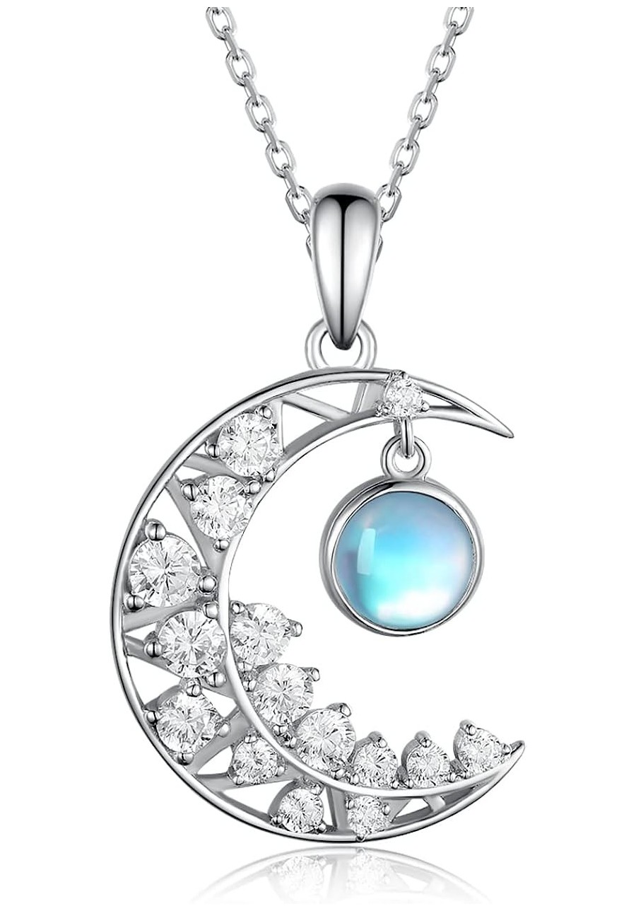 Moonstone Moon Necklace for Women 925 Sterling Silver Crescent Moon Necklaces with 5A Cubic Zirconia Anniversary Birthday Jew...