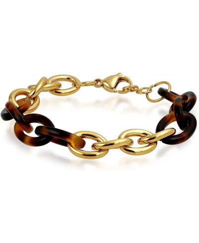 Fashion Brown Golden Acrylic Tortoise Shell Oval Chain Link Bracelet for Women Gold Plated Stainless Steel $17.40 Link