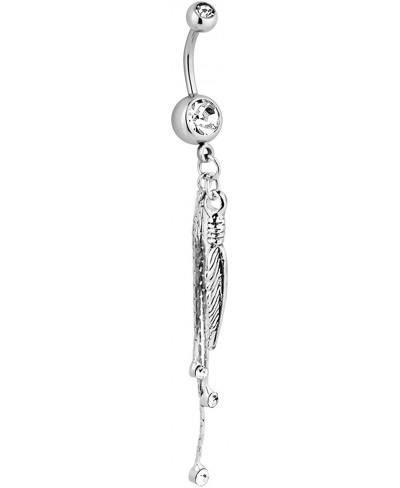 Surgical Steel Clear Jeweled Feather and CZ Chains Dangle Belly Button Ring $15.83 Piercing Jewelry