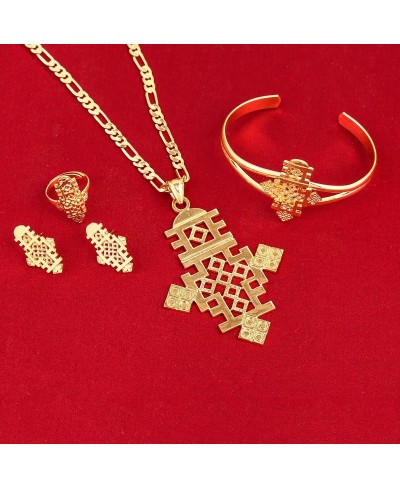 24k Gold Plated Classic Big Cross Pendant Ring Earring Bangle Set African Habesha Jewelry $19.35 Jewelry Sets