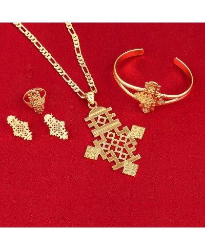 24k Gold Plated Classic Big Cross Pendant Ring Earring Bangle Set African Habesha Jewelry $19.35 Jewelry Sets