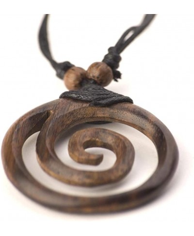 Large Brown Wood Spiral Pendant - Wooden Handmade Necklaces with Black Cord - Round Tribal Adjustable Pendant Necklace - Hipp...
