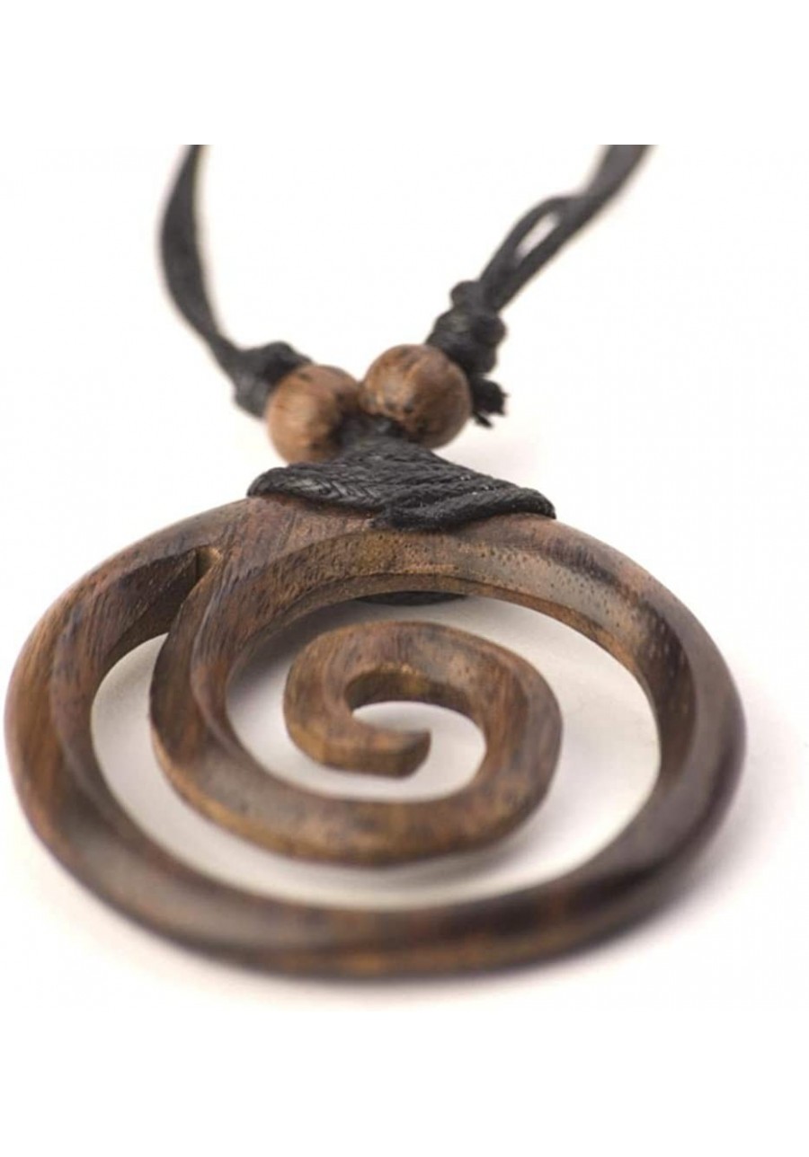 Large Brown Wood Spiral Pendant - Wooden Handmade Necklaces with Black Cord - Round Tribal Adjustable Pendant Necklace - Hipp...