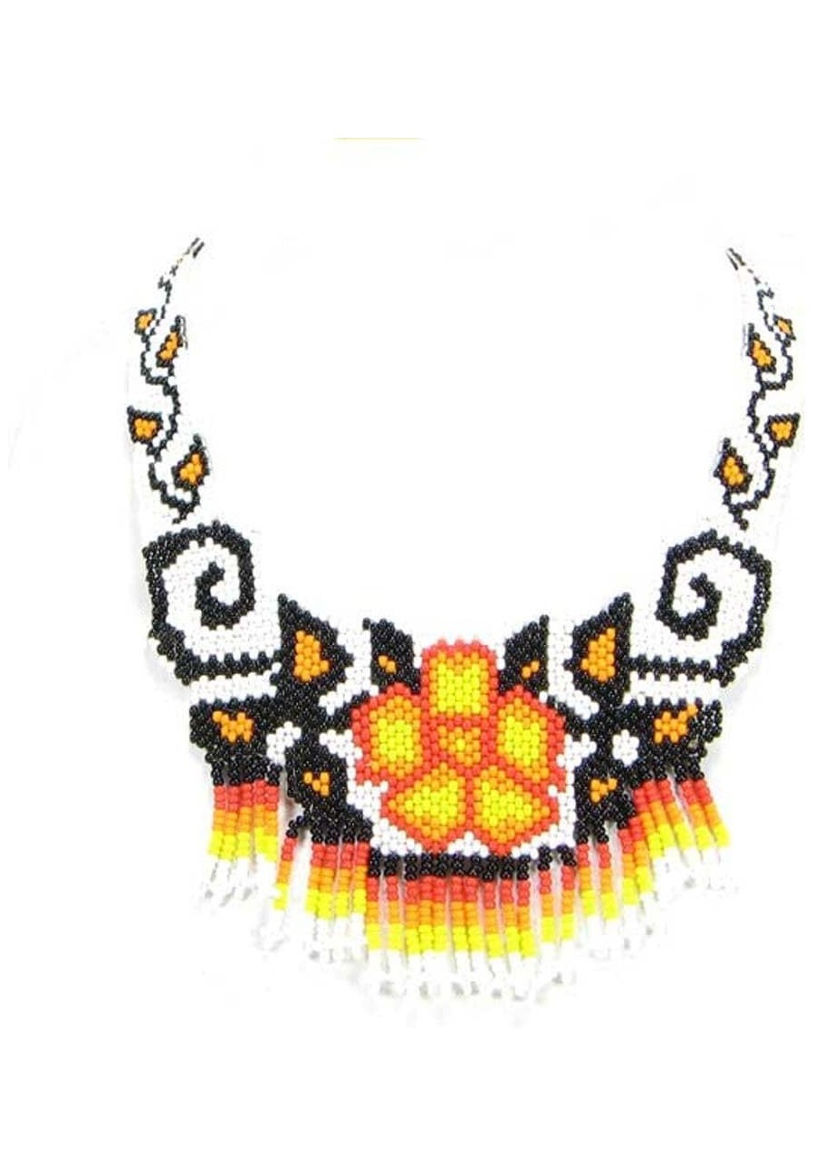 HANDMADE NON NATIVE ORIGINAL BLACK FIRE COLOR FLOWER BEADED BIB NECKLACE JEWELRY 18-3 $30.78 Jewelry Sets