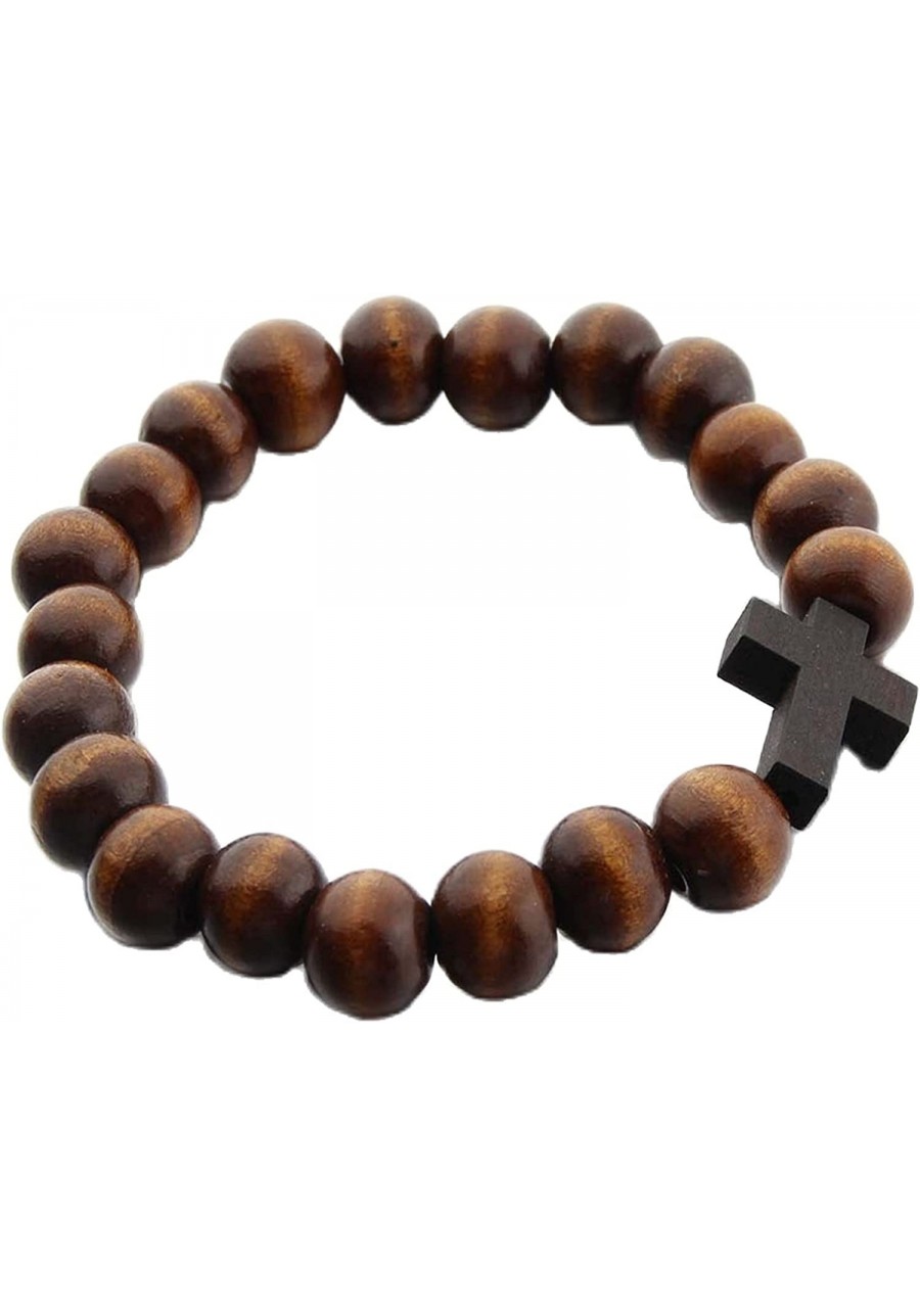 Religious 10MM Wooden Beads Cross Adjustable Stretch Friendship Couple Rope Bangle Bracelet for Men Women Faith Prayer Handma...