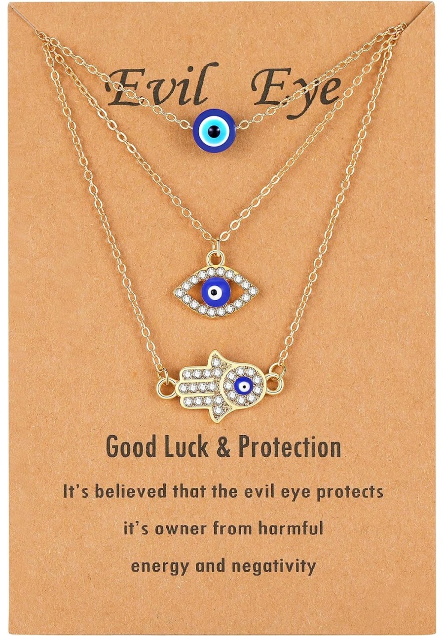 Dainty Evil Eye Necklace and Hamsa Necklace Turkish Blue Eye Hand Pendant Necklace 3pcs Lucky Protection Jewelry Gift for Wom...