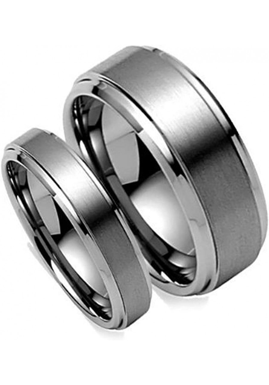 Matching Set " His 8MM " & " Her's 6MM " Brushed Center Step Edge Tungsten Carbide Wedding Band Ring Set $39.44 Bridal Sets