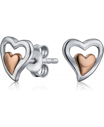 Petite Delicate Tiny Two Toned Double Heart Shaped Stud Earrings For Women Girlfriend Teen Rose Gold Plated 925 Sterling Silv...