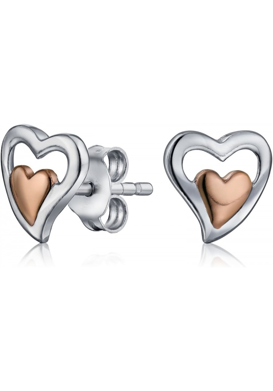 Petite Delicate Tiny Two Toned Double Heart Shaped Stud Earrings For Women Girlfriend Teen Rose Gold Plated 925 Sterling Silv...