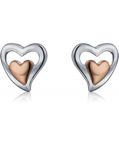 Petite Delicate Tiny Two Toned Double Heart Shaped Stud Earrings For Women Girlfriend Teen Rose Gold Plated 925 Sterling Silv...