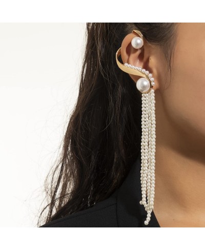 Pearl Long Tassel Drop Earrings Fashion Long Pearl Chain Earrings Large Pearl Ear Cuffs Ear Clip Gold for Women Girls $10.59 ...