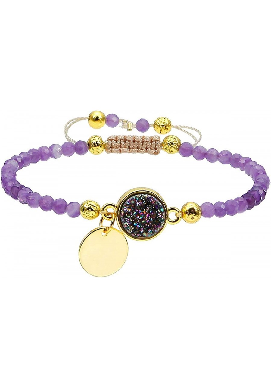 4mm Faceted Stone Beads Bracelet for Women Men Adjustable Healing Crystal Chakra Bracelet with Druzy Round Charms $15.47 Strand