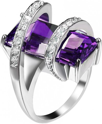 Womens Platinum Plated Square Cut Solitaire Purple Amethyst CZ Unique Design Promise Ring Wedding Band $11.44 Promise Rings
