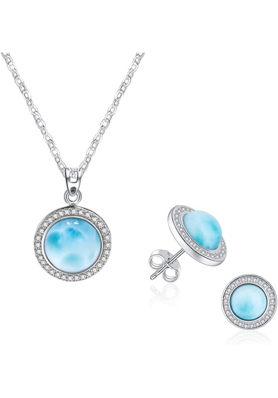 925 Sterling Silver Necklace Larimar Eearrings Natural Gemstones Women Jewelry Sets 14k White Gold Plated 18”Silver Chain $44...