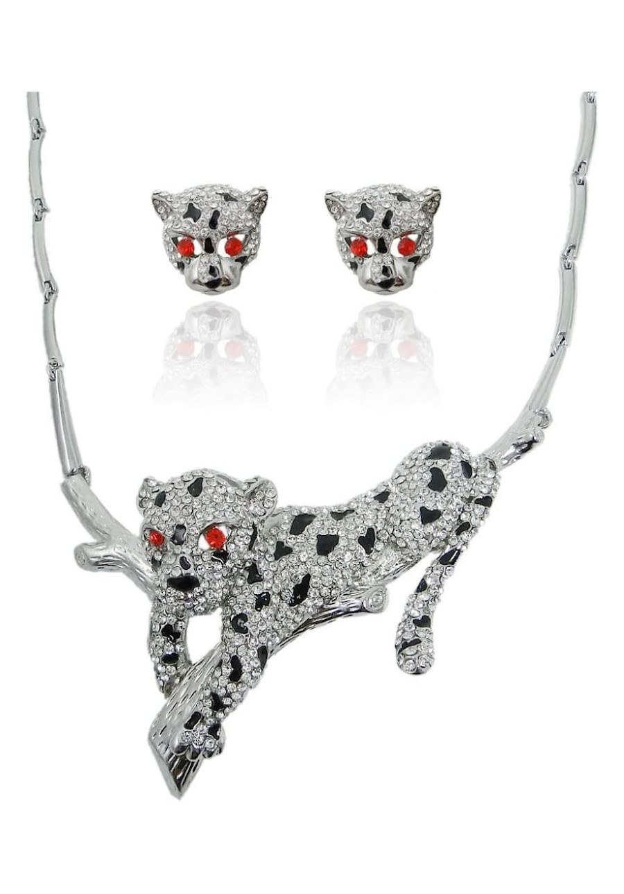 Women's Austrian Crystal Enamel Adorable Leopard Over The Branches Necklace Earrings Set $32.35 Jewelry Sets