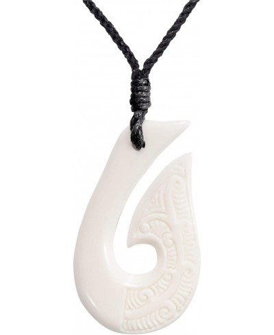 HEI Matau Fish Hook Bone Necklace - Hawaiian Hook Carved Bone Pendant with Engravings - Maori Style Taonga Amulet for Women -...