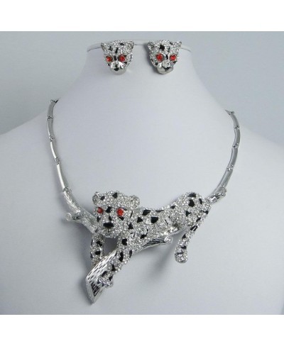Women's Austrian Crystal Enamel Adorable Leopard Over The Branches Necklace Earrings Set $32.35 Jewelry Sets