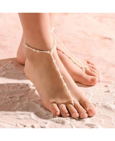 Pearl Barefoot Sandals Wedding Anklets Beaded Bracelets Ring Foot Chain Beach Feet Jewelry for Women and Girls( 2PCS) $8.66 A...