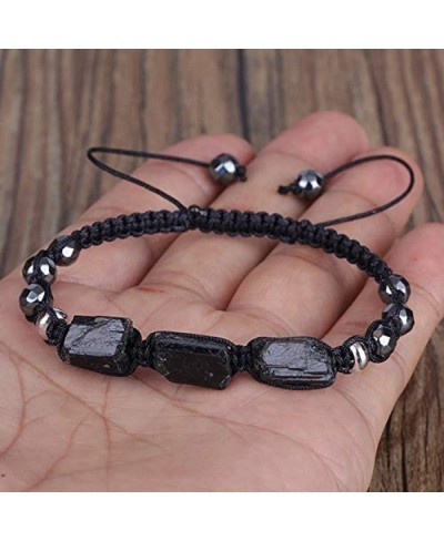 Natural Rough Black Tourmaline Healing Stone Bead Faceted Hematite Nylon Rope Adjustable Macrame Energy Bracelet Man Women - ...