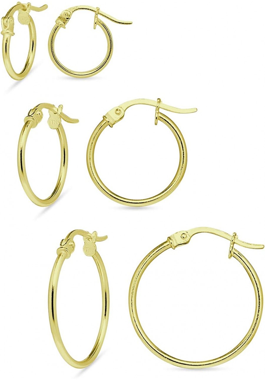 Yellow Gold Flashed Sterling Silver Hoop Earrings Size 12mm 15mm 20mm Three Pair Set $20.85 Hoop