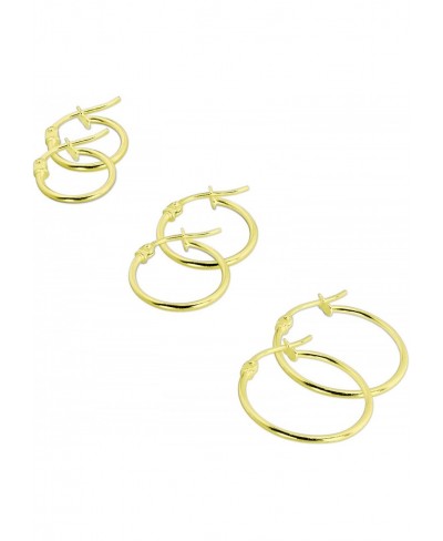 Yellow Gold Flashed Sterling Silver Hoop Earrings Size 12mm 15mm 20mm Three Pair Set $20.85 Hoop