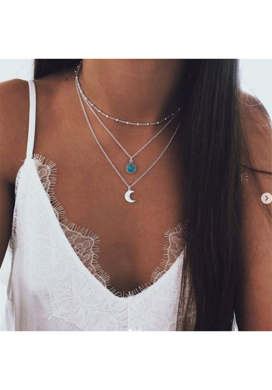 Multi-Layer Moon Pendant Necklace Crystal Alloy Chain Necklaces Women Long Chain Choker Necklace $5.73 Chokers