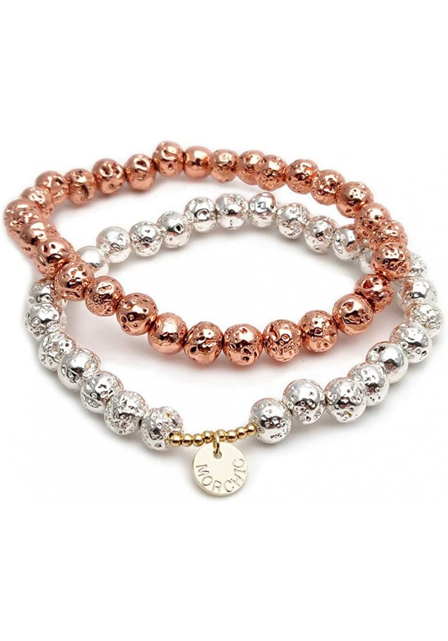 Lava Rock Stone Plated Rose Gold/Silver Color Healing Chakra Elastic Energy Beaded Bracelet For Women $14.36 Stretch