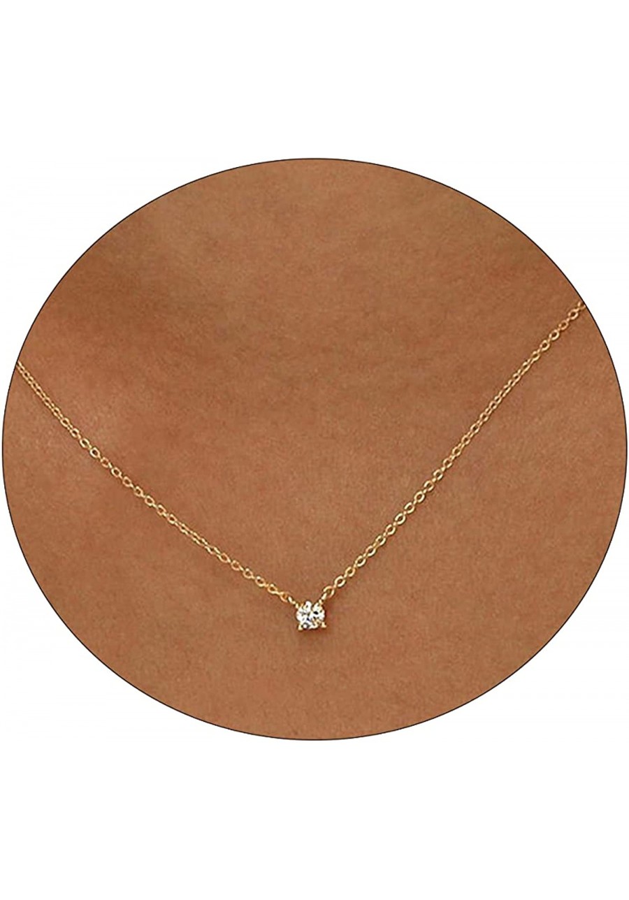 Dainty CZ Diamond Solitaire Pendant Necklaces for Women 14K Gold Plated Single Round Cubic Zirconia Square Simulated Diamond ...