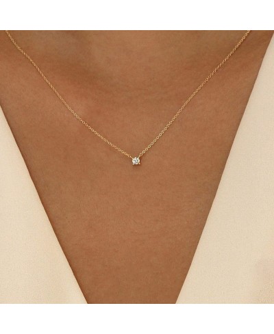 Dainty CZ Diamond Solitaire Pendant Necklaces for Women 14K Gold Plated Single Round Cubic Zirconia Square Simulated Diamond ...