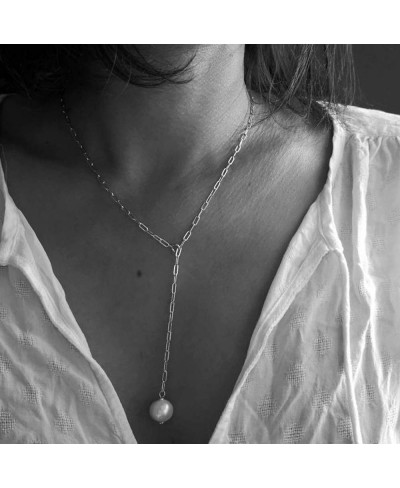 Pearl Lariat Necklace Chain Silver Long Y Shaped Necklace Pearl Drop Chain Necklaces Boho Jewelry for Women and Girls (Silver...