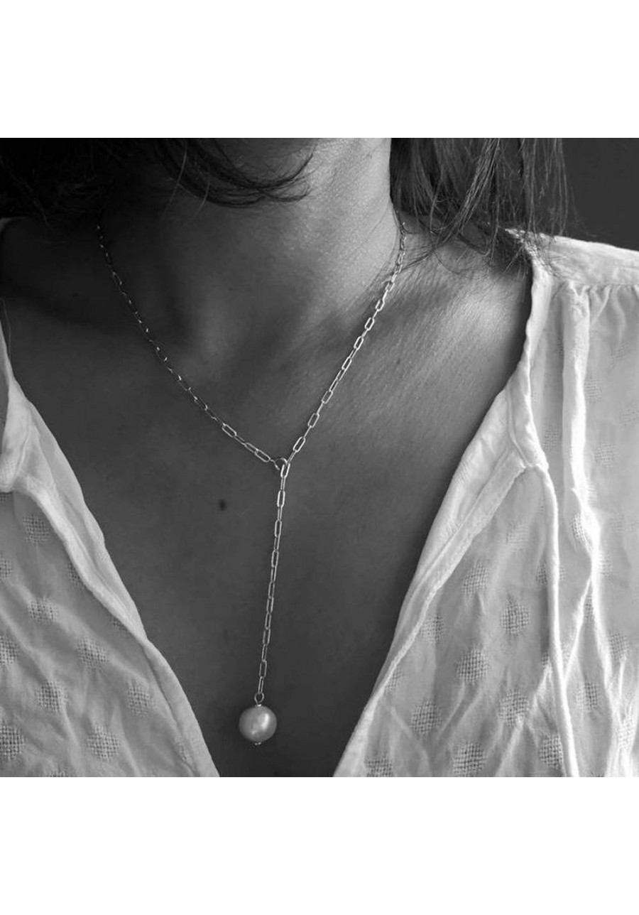 Pearl Lariat Necklace Chain Silver Long Y Shaped Necklace Pearl Drop Chain Necklaces Boho Jewelry for Women and Girls (Silver...